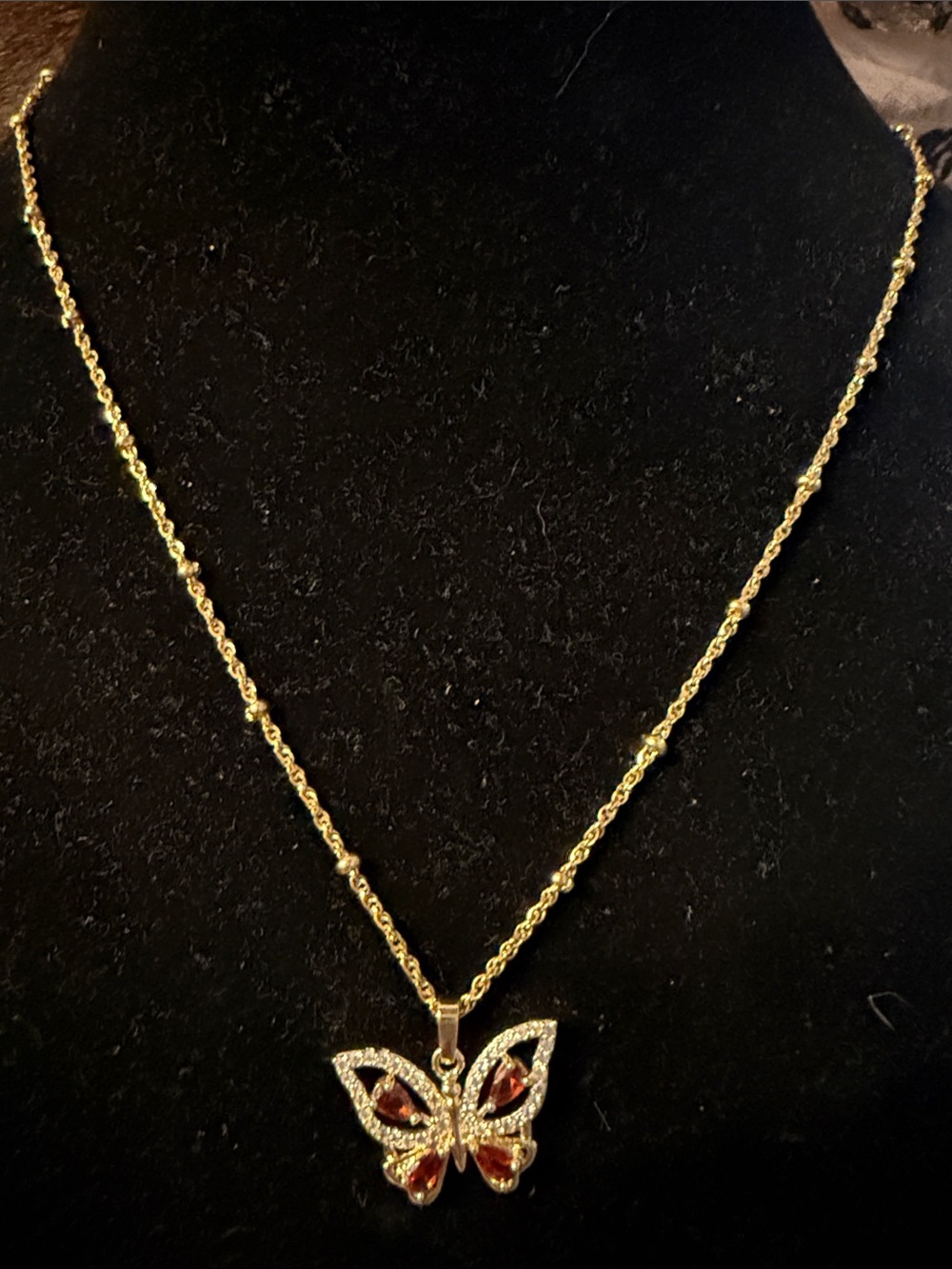 Stainless steel Butterfly Pendant Necklace with Red Crystal Accents